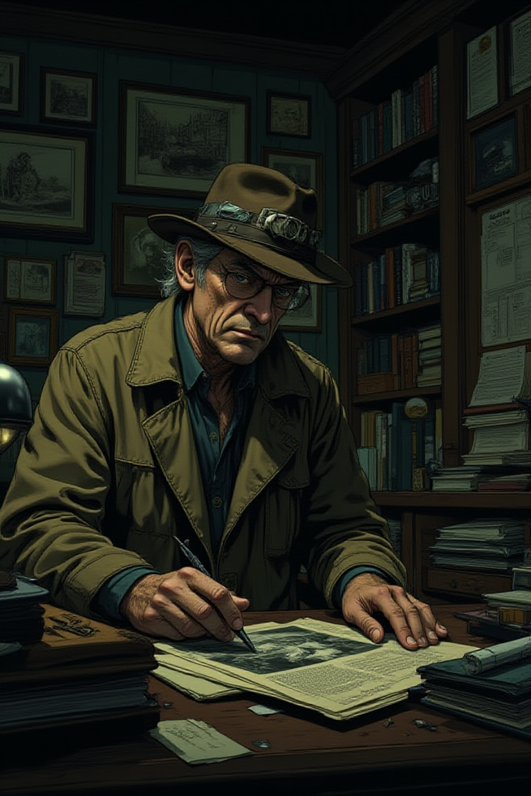 illustration, cartoon, anime, manga, drawing, A gray-haired private detective in a rumpled trench coat sits behind his cluttered desk, staring at a black-and-white photograph. His office is dimly lit, the only light coming from a single desk lamp. The detective's face is hard and lined, reflecting years of difficult cases.