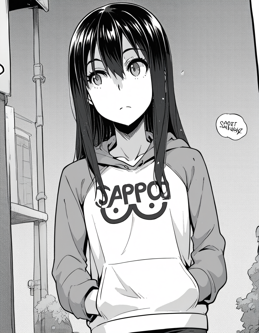score_9, score_8_up, score_7_up, source_anime, sakiyoshida, <lora:saki-yoshida-manga-ponyxl-lora-nochekaiser:1>, saki yoshida, long hair, hair between eyes, monochrome, greyscale, black hair,, <lora:oppai-hoodie-ponyxl-lora-nochekaiser:1>, oppai hoodie, hoodie, raglan sleeves, clothes writting, hands in pocket,, outdoors, street,, cowboy shot, dutch angle, solo,