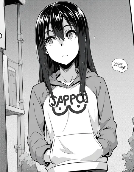 score_9, score_8_up, score_7_up, source_anime, sakiyoshida, <lora:saki-yoshida-manga-ponyxl-lora-nochekaiser:1>, saki yoshida, long hair, hair between eyes, monochrome, greyscale, black hair,, <lora:oppai-hoodie-ponyxl-lora-nochekaiser:1>, oppai hoodie, hoodie, raglan sleeves, clothes writting, hands in pocket,, outdoors, street,, cowboy shot, dutch angle, solo,