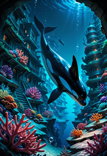 SmoothNoob_Quality, no humans, underwater city, bubbles, underwater, orca, fantasy, nature, scenery, coral reef, dark, night, glowing plants, <lora:Smooth_Booster:0.25> <lora:SLE_v2:-0.5>