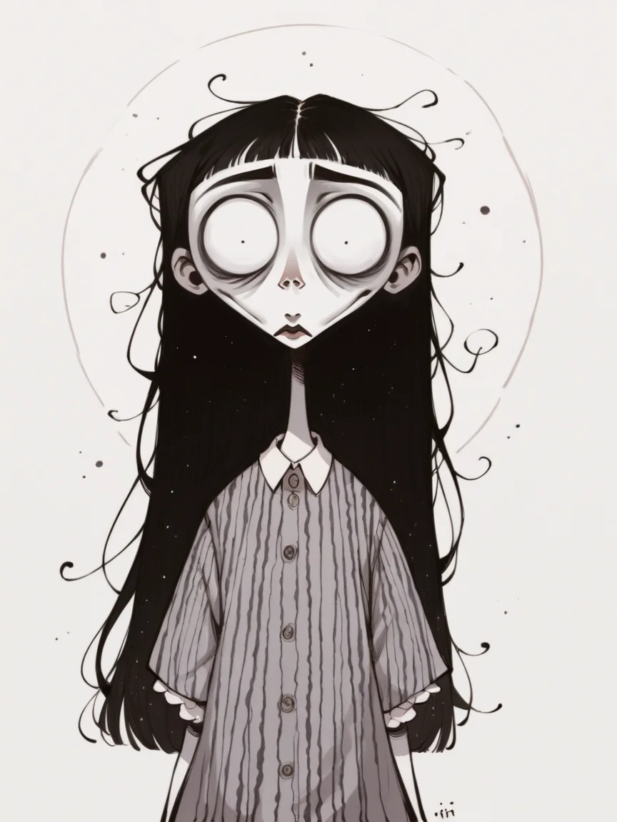 score_9, score_8_up, score_7_up, score_6_up, score_5_up,   <lora:TimBurtonXLP:1> tim burton,, horror (theme), wide-eyed, 1girl, long hair