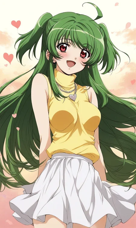 score_9, score_8_up, score_7_up, source_anime, rating_explicit, BREAK  <lora:Yoko_Inukami_XL:1> Yoko_Inukami, green hair,  very long hair, ahoge, red eyes, two side up, jewelry, necklace, breasts, 
white skirt, heart, blush, smile, open mouth, Yellow sleeveless,  sleeveless turtleneck
grassland, sky,