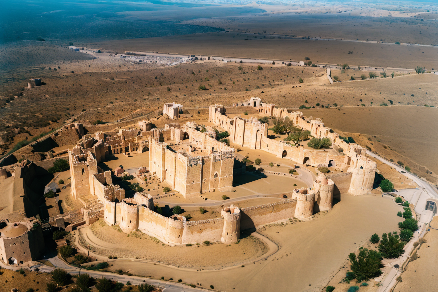 (masterpiece, best quality:1.2), ultra-detailed, Castle (desert sand terrain:1.3) , (realistic:1.5),  <lora:EdobMedievalCastleTopView_v1.0:1>