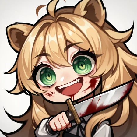 score_9, score_8_up, score_8, Emote , high quality, high res , highly detailed hair , highly detailed face, white background, chibi ,
long blonde hair and fluffy lion ears,green eyes,yandere,evil smile,crazy eyes,holding a bloody knife,side view,1girl,
<lora:merge2:0.83>