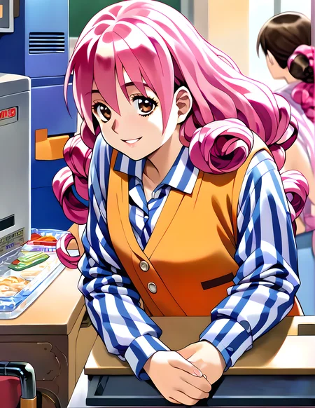 <lora:pony_xl_minori>,minori,score_9,score_8_up,score_7_up,source_anime,1girl,looking at viewer,smile,kind_smile,striped shirt,vest,long sleeves,indoor,convenience stores,cash register,clerk,