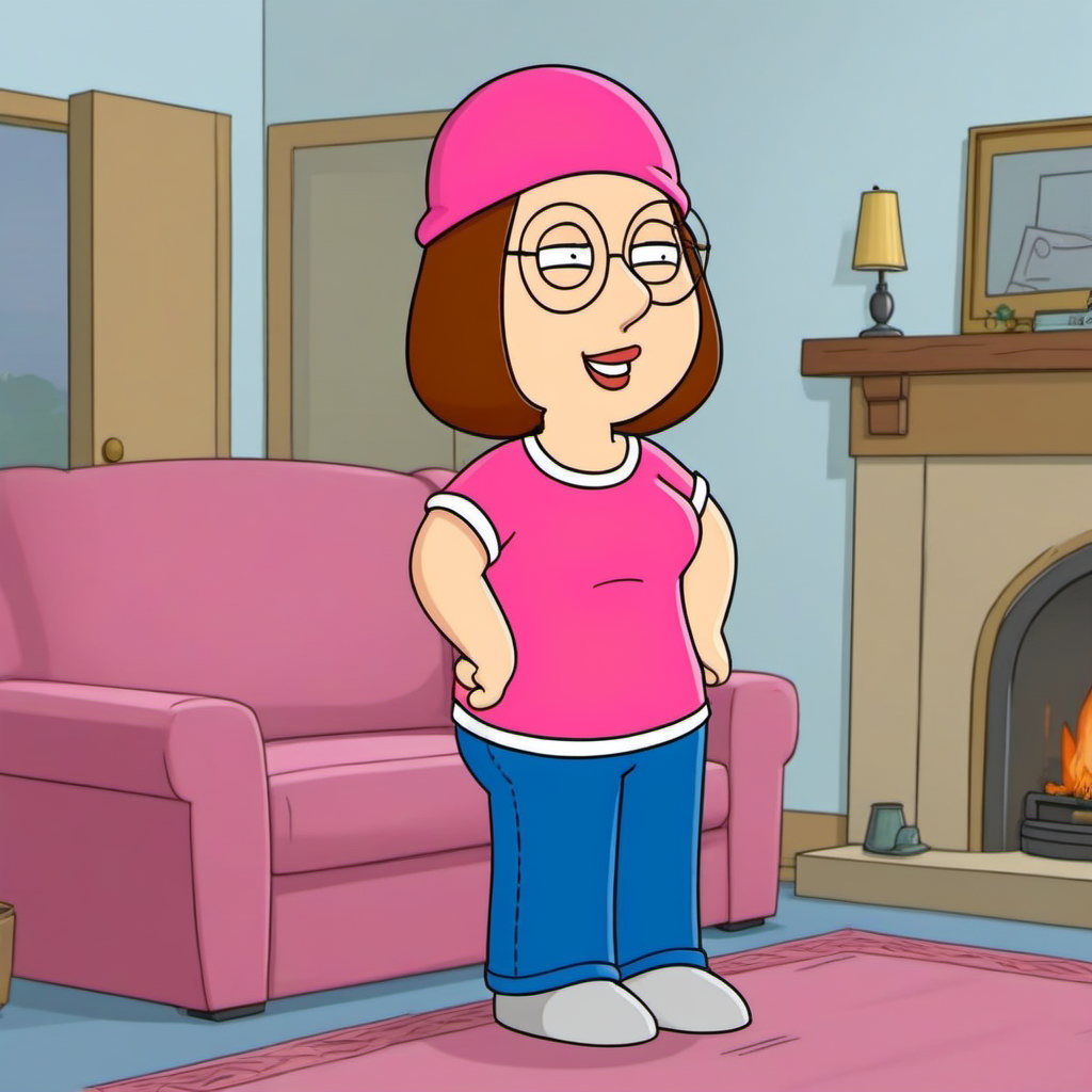 cartoon woman, brown hair, glasses, pink shirt, jeans pants, beanie, in a livingroom<lora:Meg1024:0.8>