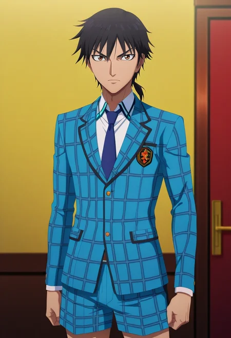masterpiece, best quality, , anime screencap, anime coloring, , looking at viewer, , 1boy, solo, male focus, <lora:xin_kingdom_ilxl:0.94>, xin_kingdom, black hair, brown eyes, short hair, low ponytail, , , , Lurex Chevron Linen-cotton shorts, Plaid blazer, , , Necktie
