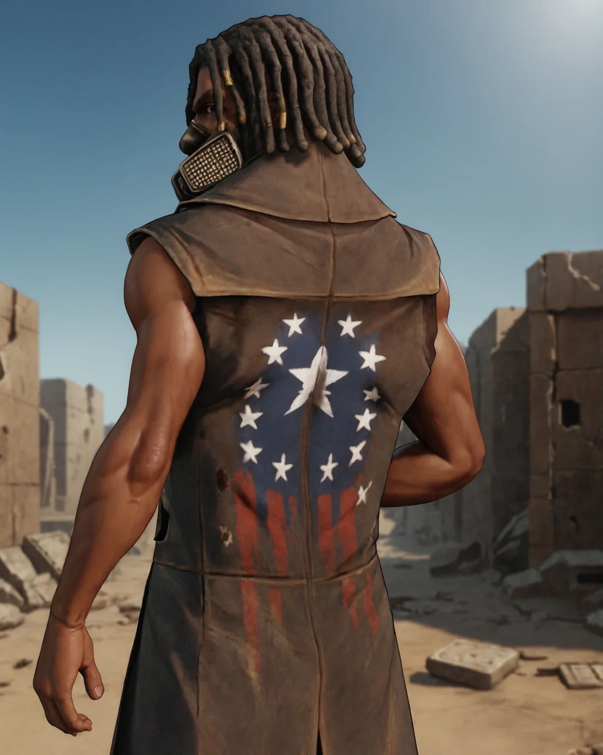 score_9, score_8_up, score_7_up, rating_questionable, intricately detailed, high resolution,<lora:Ulysses_Fallout_New_Vegas:0.8>, realistic,
1boy(u1ysses, ulysses_coat, african, dark brown skin, black hair, dreadlocks, sleeveless, brown leather coat, bandolier, undershirt with holes, muscular, cowboy shot, solo, looking at viewer), ,
postapocalyptic wasteland, ruined city, ruins, outdoors,
back view,
<lora:ral-chrosc-clr:0.7>, ral-chrosc-clr,
<lora:Expressive_H:0.5>
<lora:xl_more_art-full_v1:0.3>,
<lora:add-detail-xl:0.3>