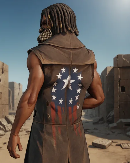 score_9, score_8_up, score_7_up, rating_questionable, intricately detailed, high resolution,<lora:Ulysses_Fallout_New_Vegas:0.8>, realistic,
1boy(u1ysses, ulysses_coat, african, dark brown skin, black hair, dreadlocks, sleeveless, brown leather coat, bandolier, undershirt with holes, muscular, cowboy shot, solo, looking at viewer), ,
postapocalyptic wasteland, ruined city, ruins, outdoors,
back view,
<lora:ral-chrosc-clr:0.7>, ral-chrosc-clr,
<lora:Expressive_H:0.5>
<lora:xl_more_art-full_v1:0.3>,
<lora:add-detail-xl:0.3>