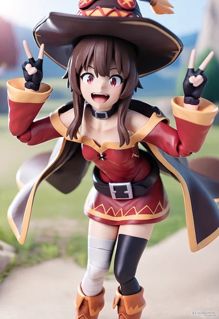 score_9,score_8_up,score_7_up,<lora:spfigmaFigurineXLPony2:0.8>,3d,figma,depth of field,blurry background,<lora:AEMegumin:0.8>,AEMegumindef,red eyes,Brown hair,Belt choker,red dress,off-shoulder dress,Black gloves,fingerless gloves,Belt,mismatched legwear,asymmetrical legwear,bandaged leg,black thighhighs,knee boots,hat,Black cape,happy,leaning forward,double v,