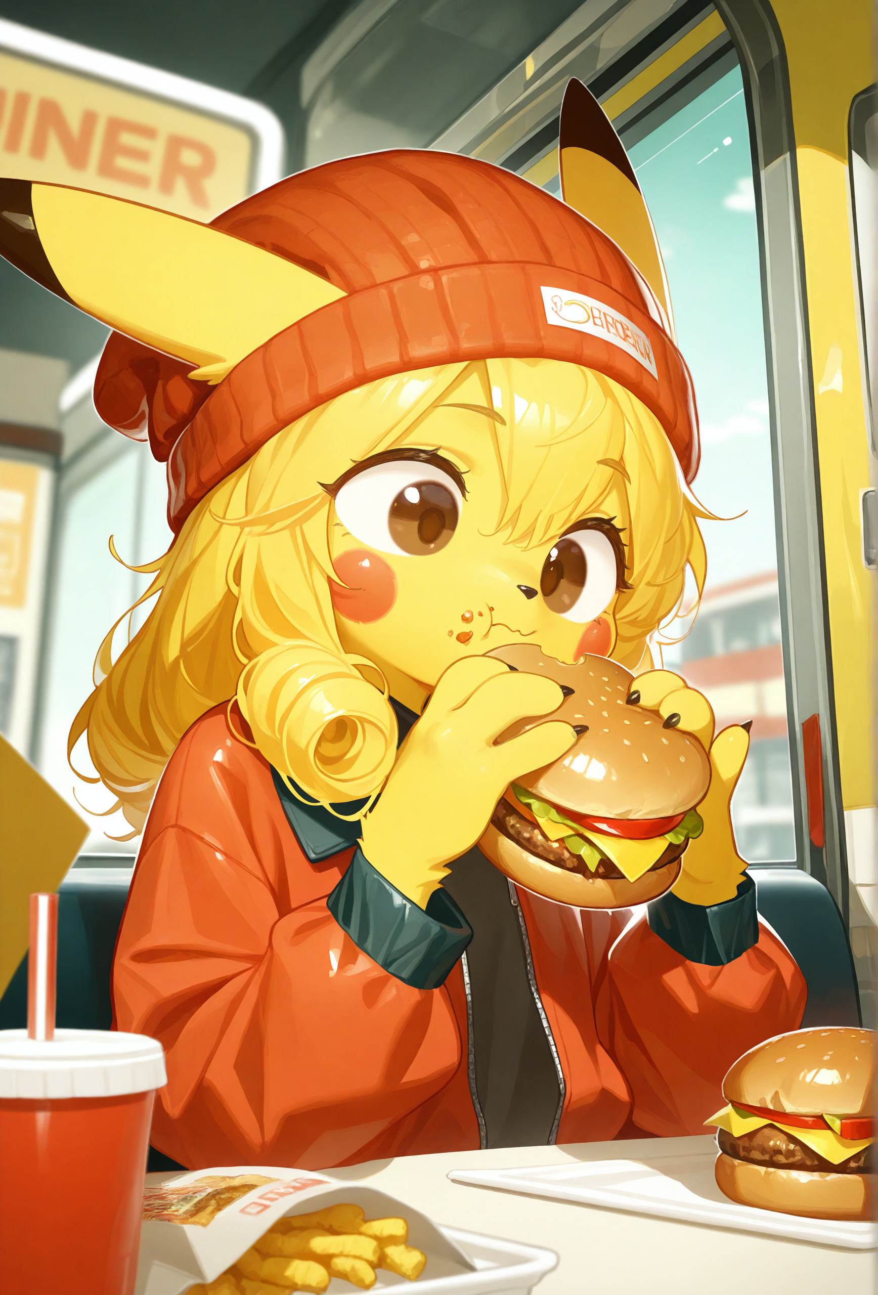 masterpiece,best quality,amazing quality, <lora:antifreez3_style_illustrious_v1f:1> afz3style, 1girl, (furry:1.1), pikachu, anthro, yellow hair, curly hair, red beanie, brown eyes, eating burger, food on face, looking back BREAK
yellow fur, body fur, fur tuft, red jacket, diner, restaurant, detailed background, burger, food, (depth of field:1.2),