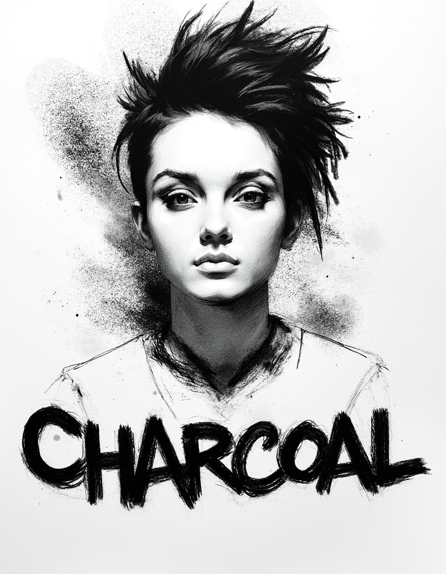 messy lardge smudge strokes, abstract style, charcoal portrait of a young woman, punk style, eyeliner, mohawk. Spiked collar. Visible attitude. charcoal smudges and artistic drawing details. Text in the center of the frame is stylized and drawn. The text reads "CHARCOAL"<lora:Charcoal.safetensors:1.0:1.0>
