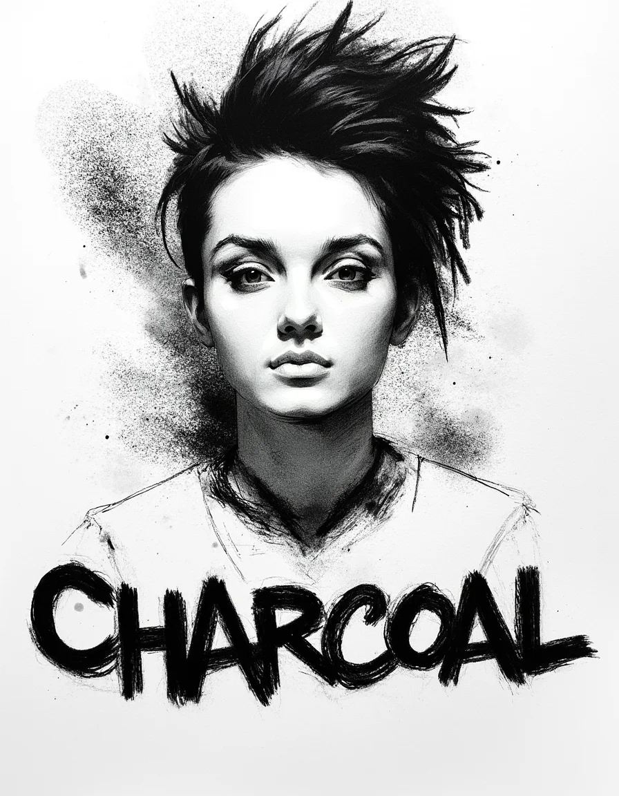messy lardge smudge strokes, abstract style, charcoal portrait of a young woman, punk style, eyeliner, mohawk. Spiked collar. Visible attitude. charcoal smudges and artistic drawing details. Text in the center of the frame is stylized and drawn. The text reads "CHARCOAL"<lora:Charcoal.safetensors:1.0:1.0>