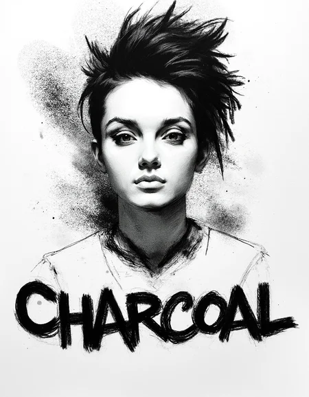 messy lardge smudge strokes, abstract style, charcoal portrait of a young woman, punk style, eyeliner, mohawk. Spiked collar. Visible attitude. charcoal smudges and artistic drawing details. Text in the center of the frame is stylized and drawn. The text reads "CHARCOAL"<lora:Charcoal.safetensors:1.0:1.0>