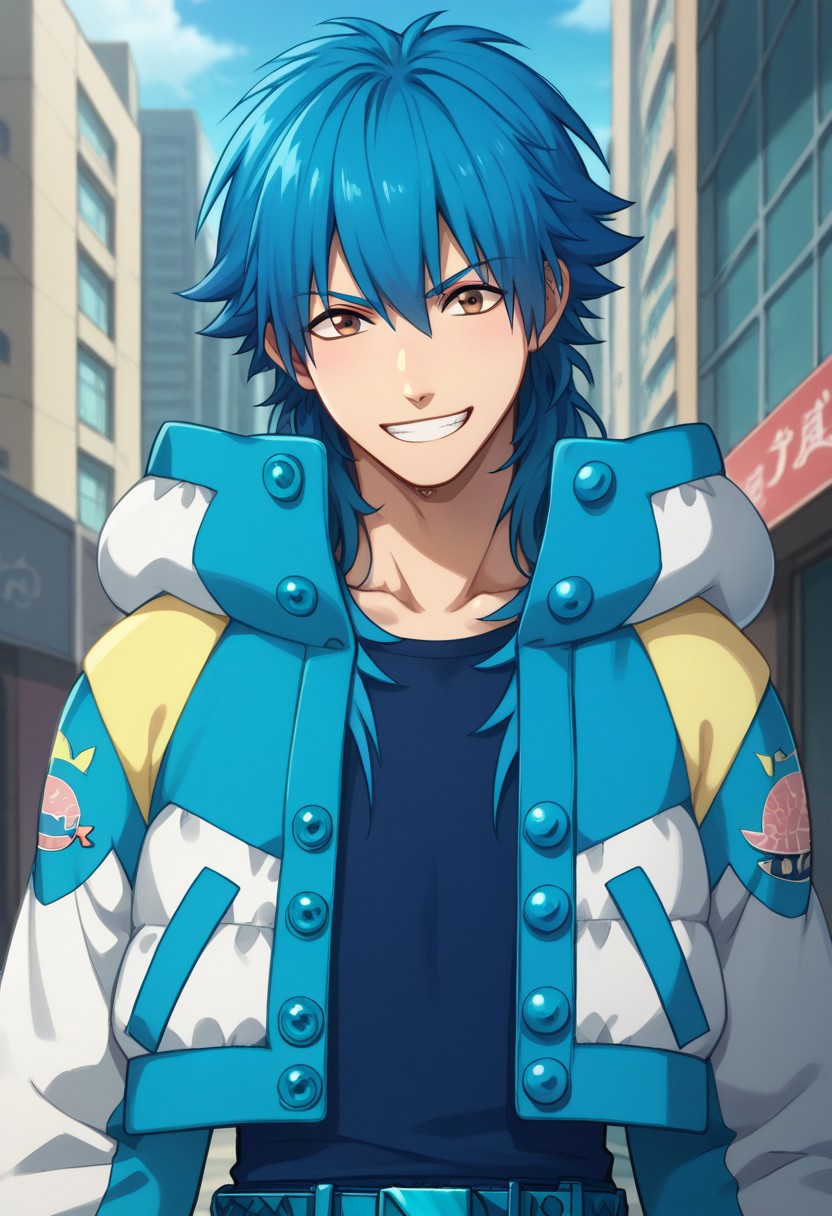 score_9, score_8_up, score_7_up, source_anime, highly detailed, 
aoba, 1boy, male focus, solo, brown eyes, blue hair, long hair, jacket, open jacket, open clothes, blue jacket, white jacket, multicolored jacket, shirt, blue shirt, belt, denim, upper body, smile, grin
outdoor, sky, buildings,