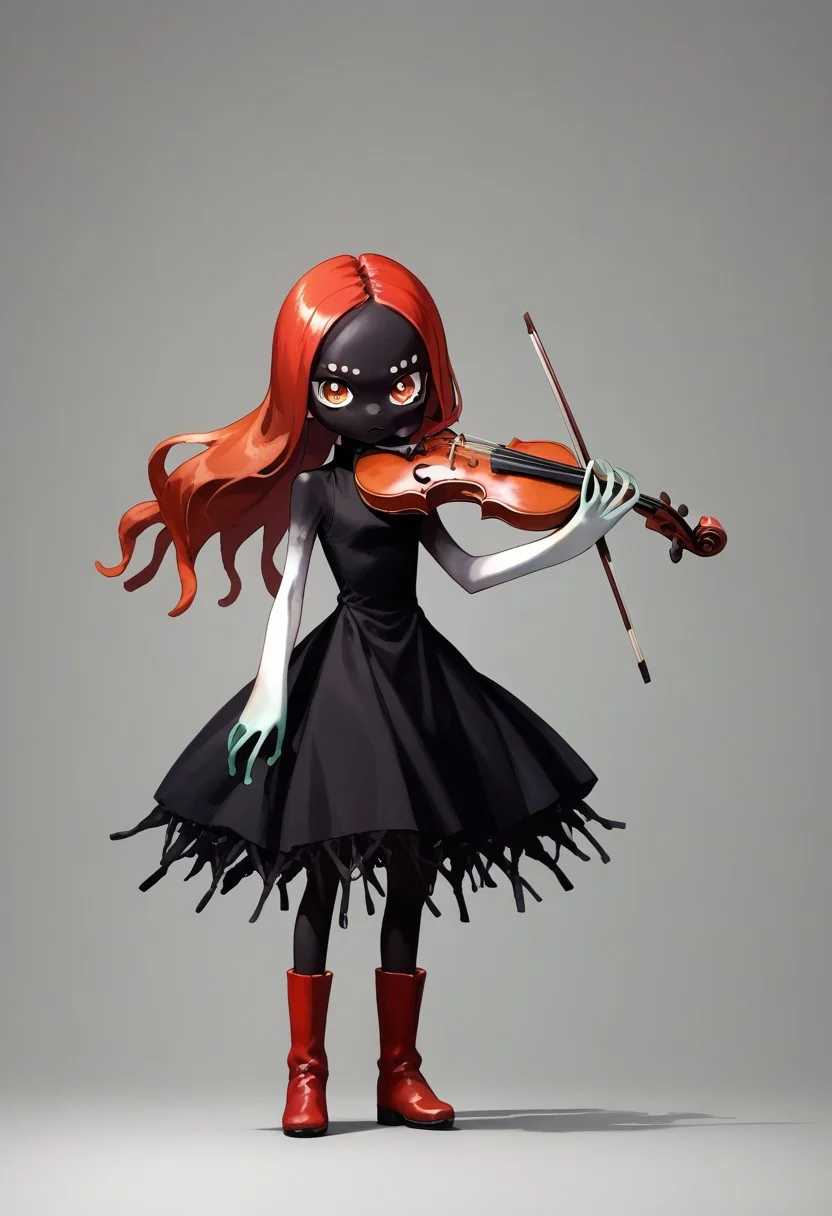 score_9,score_8_up,score_7_up, anime, source_anime, 1girl, solo, boots, colored skin, black skin, red hair, long hair, dress, black dress, sleeveless dress, bare arms, stand, full body, playing violin, violin,  <lora:violin-without-bow-pony:0.66>