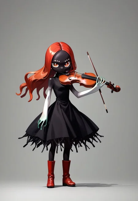 score_9,score_8_up,score_7_up, anime, source_anime, 1girl, solo, boots, colored skin, black skin, red hair, long hair, dress, black dress, sleeveless dress, bare arms, stand, full body, playing violin, violin, <lora:violin-without-bow-pony:0.66>