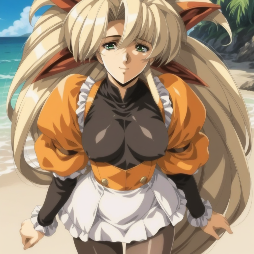 fr0nt1nn0c3ntStyl3, Style: Front Innocent, Artist Style: Urushihara Satoshi, 1girl, masterpiece, highres, high quality, fantasy, score_9, score_8_up, score_7_up, score_6, source_anime, rating_lewd, cowboy shot, mature female, Faye_(Front_Innocent), BREAK, beach, (covered nipples), seductive smile, smile BREAK, , BREAK, Faye, blonde hair,very long hair,high ponytail,very long sidelocks,hair bow,green eyes, dress,black shirt,orange vest,long_sleeves, white skirt,frills, black pantyhose, short boots,
