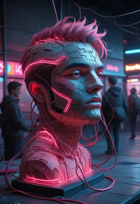 PonyXLV6_Scores BREAK end_tripwire_morph, made of wires, a neon wire cyberpunk sculpture of a man in his 20s, neon, wires, made of wires, cables, outlined with wires and neon, neon outlines, wire sculpture, neon wire sculpture