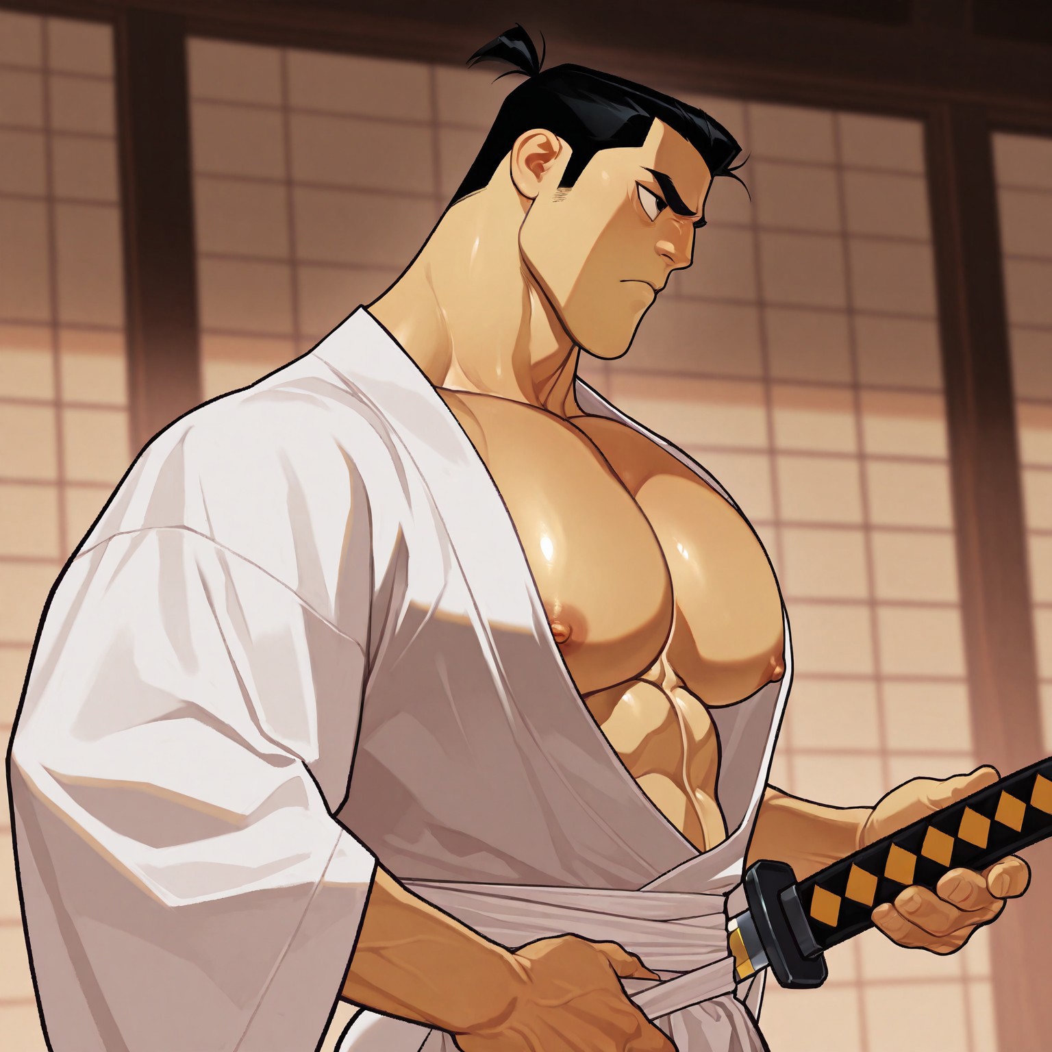 masterpiece, best quality, absurdres, newest, perfect quality, best quality, absolutely eye-catching, detailed background, intricate details, bara, 1boy, male, male focus, solo, black hair, short hair, small ponytail, forehead, samurai outfit, white outfit, bara, muscular, large pectorals, large biceps, nipple slip, holding katana, looking away, upper body, cowboy shot, side view, serious expression, very awa, best quality, absurdres, newest, perfect quality, detailed background, intricate details, (artist:rokudenashi:0.8), (artist:dizdoodz:0.7), (artist:gomtang:0.6)