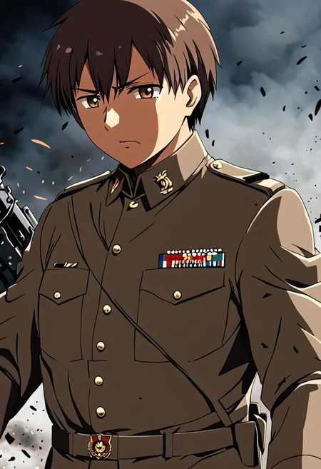 high resolution, solo, best quality, 1Boy, Takaki Toono, Brownish Hair, Brown Eyes, military, action, OverallDetail