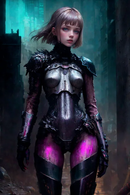 [colorized],muted colors,RAW photo,realistic,detailed,8k uhd, dslr, soft lighting,natural lighting,volumetrics dtx,dim light
(cyborg:0.6) girl with Ella Freya face, 
metal,concrete,scratches, reflects,muddy,gothic,muted colors,dark colors,,,mega structures, giant buildings ,decrepit scenery,leg pivot
<lora:blame5:0.7> <lora:LAS:0.6><lora:epiNoiseoffset_v2:0.3> <lora:LowRA_v20:0.5>