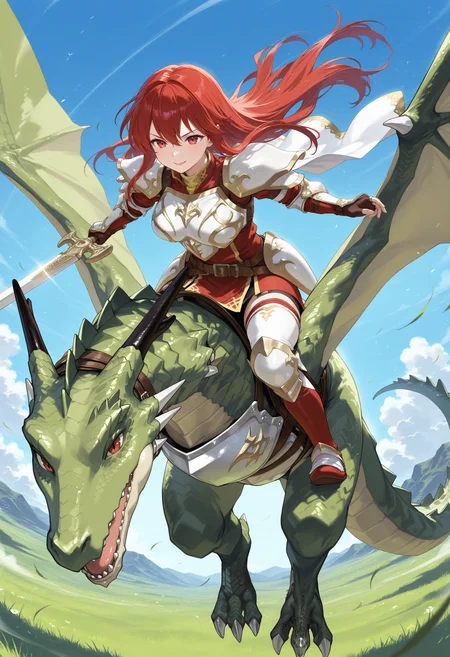 SmoothNoob_Quality,masterpiece,sky,flying,full body,1girl,1other,solo,large breasts BREAK wyvern rider,dragon riding,knight,green dragon,flying,breastplate,open mouth,shoulder armor,pegasus knight uniform \(fire emblem\),<lora:wyvern rider-NAI:1>,<lora:NOOB_vp1_detailer_by_volnovik_v1:1>,smile,holding sword,closed mouth,