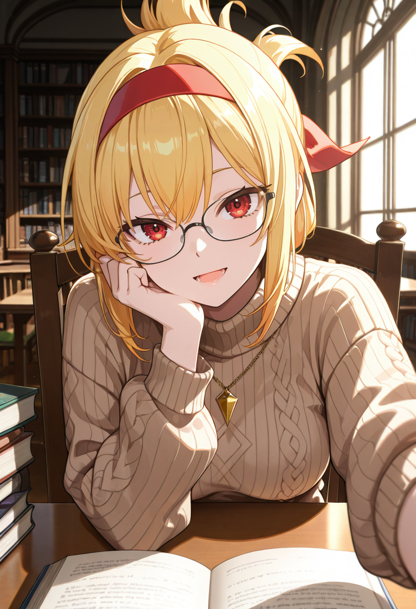 1girl, solo, anime coloring, anime artwork, unholy-aesthetic, masterpiece, best quality, newest, absurdres, highres, safe, CG, cinematic lighting, natural shadow, highest detail, detailed background, intricate scenery, depth of field, insane details, intricate, subsurface scattering, very aesthetic, serene atmosphere, artistic rendering, dramatic contrast, luminous elements, soft painterly texture, striking visual design, finely detailed face, beautiful face, from front, pov, looking at viewer,
sitting, sitting on chair, hand resting on cheek, reaching to viewer,
library, table, book stack, open book,
upper body, kind smile, half open mouth,
<lora:kaelaIL:0.45> kaelaIL, folded ponytail, blonde hair, red eyes, tsurime, glasses, medium breasts, red hairband,
sweater, brown sweater, sweater dress