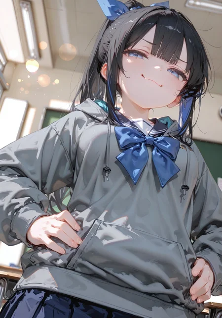 ((hand on hips,low angle,smug:1.5))

((1 girl,black hair,long hair, ponytail,blue eyes, medium breast,bow hair tie,blue streak hair,sailor school uniform,grey hoodie,fang,cute:1,4))

(Classroom:1.5)

(dynamic pose),(dynamic angle),(background Bokeh),(background blur)

748cmstyle,Smooth_Quality,amazing quality, ((aesthetic:1.3)),((4k,8k,Ultra HD)),((Masterpiece :1.2)),((Best quality :1.2)),((Detailed :1.5)),((Detailed background :1.5))