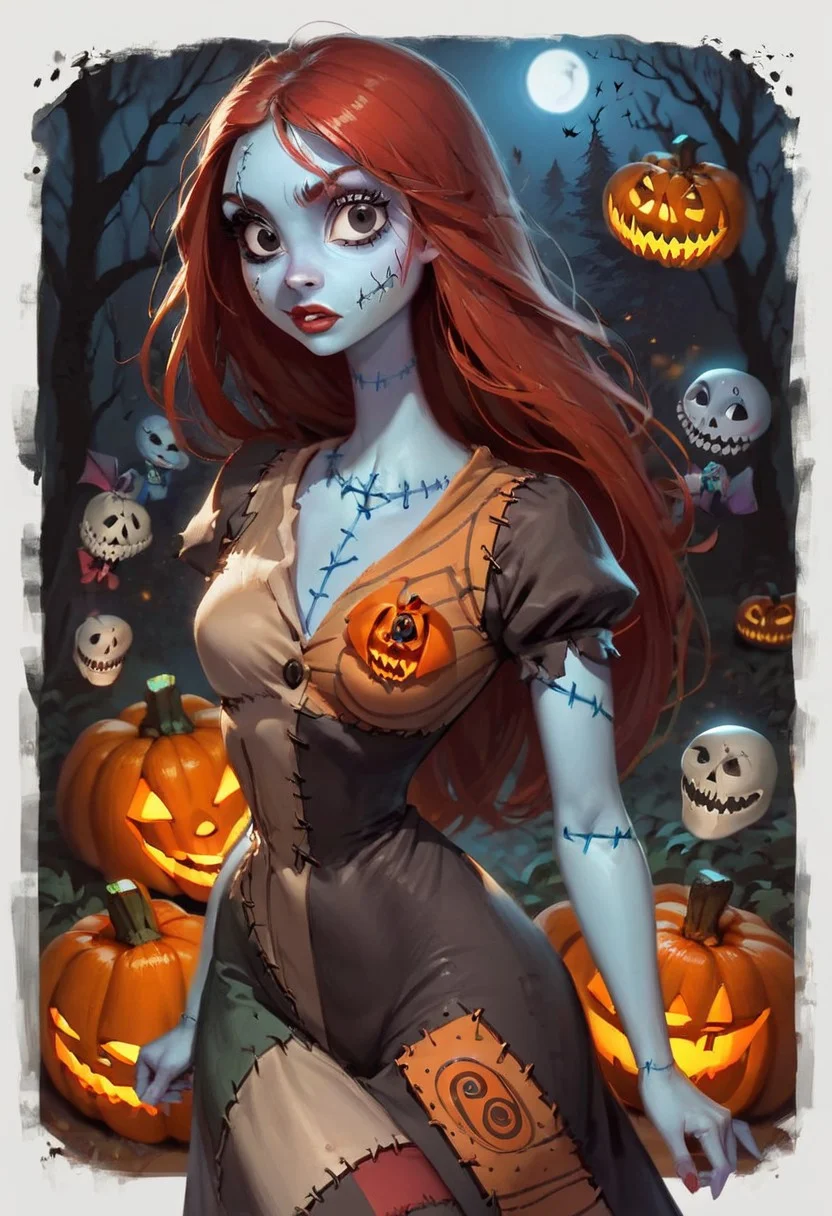 score_9, score_8_up, score_7_up, score_6_up, disney style, 1girl, SallyXLP, red hair, long hair, black eyes, stitches, dress, patchwork clothes, narrow waist, colored skin, blue skin, halloween, pumpkins, dark forest, 1dk, portrait