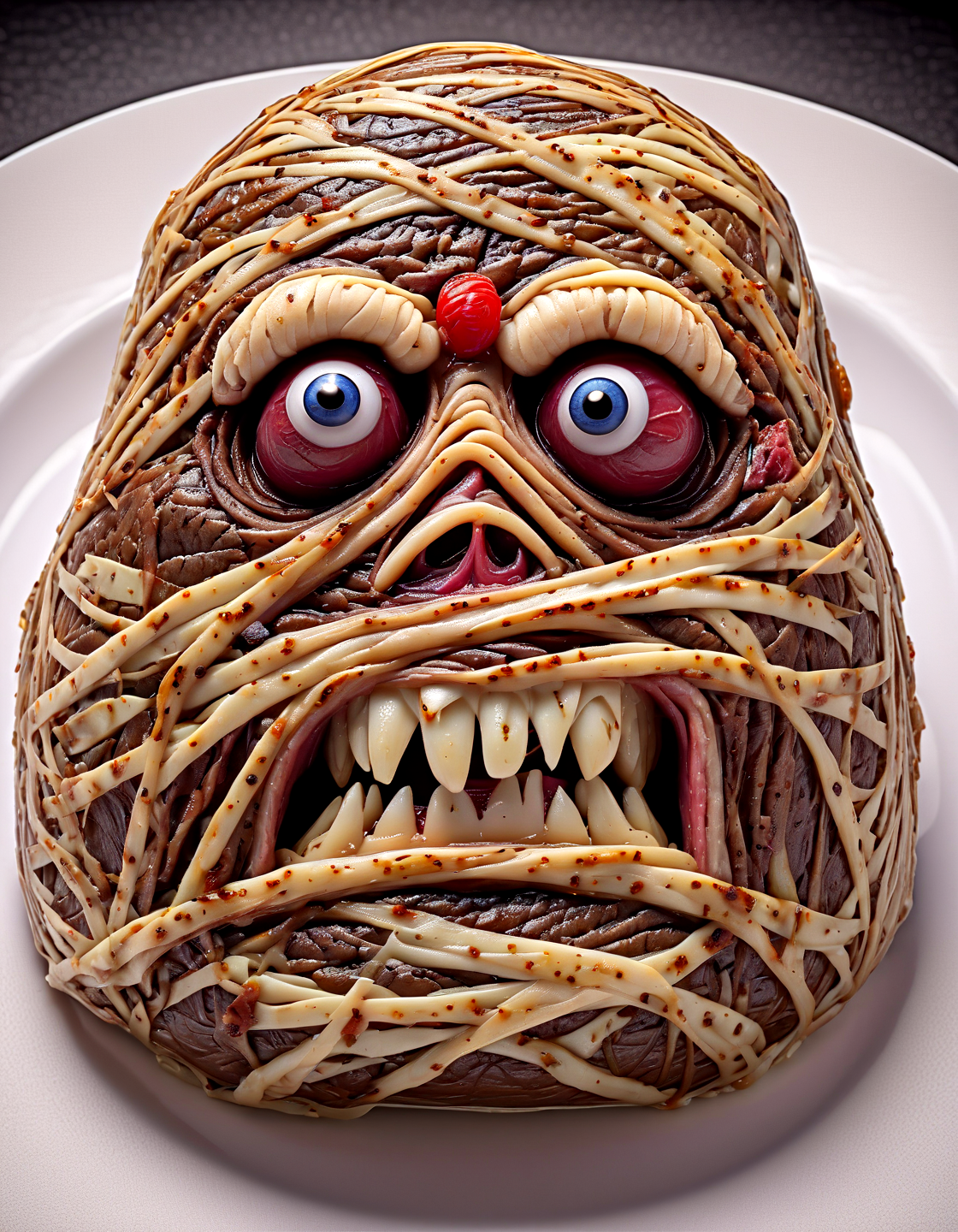 Food Photography a beef steak in (eddie:1.15) style, looking like a mummy, on a plate, hyper detailed, highly intricate,  ,,, Food Photography, often for culinary presentations, delicious visuals, or gastronomic art.