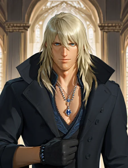 snowvilliers, solo, looking at viewer, blue eyes, long hair, blonde hair, 1boy, jewelry, black jacket, coat, gloves, male focus, necklace, facial hair, stubble, palace, realistic,
masterpiece, best quality, absurdres, newest, perfect quality, best quality, absolutely eye-catching, details, intricate details