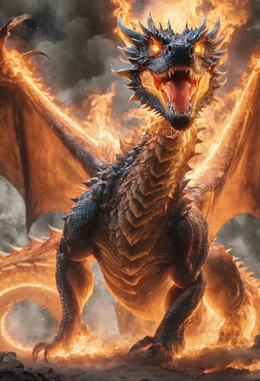 upscale, a fire dragon, body made of fire, massive gigantic fire dragon, fierce, roaring, looking at the viewer, hyperrealistic, fantasy, flying around, angry, highly detailed body, super realistic, hi_res, absurd detailed, very detailed face, detailed wings,