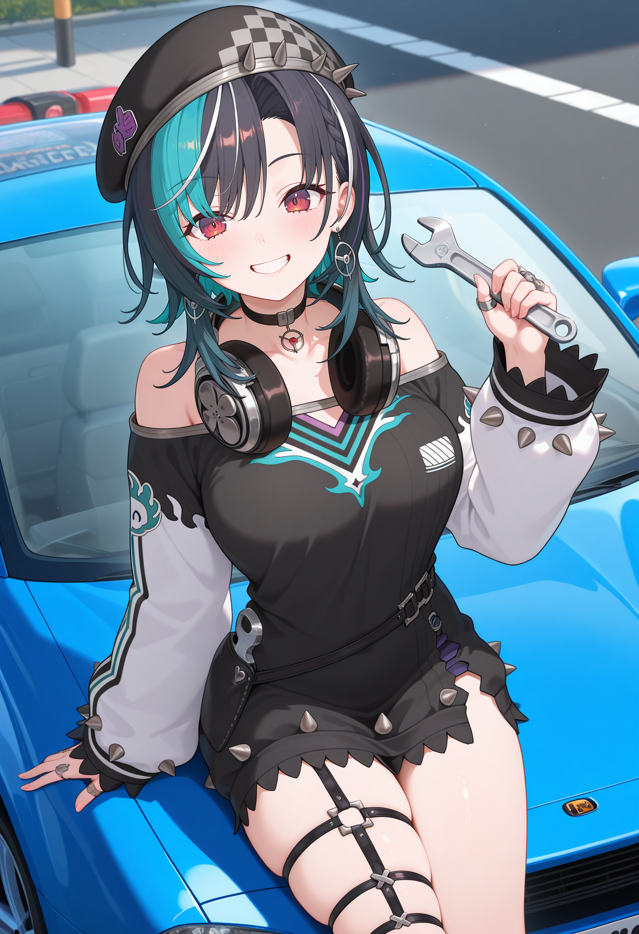 best quality, masterpiece, 1girl, aachihaya, medium hair, multicolored hair, black hair, beret, black headwear, earrings, red eyes, headphones around neck, black choker, off shoulder, black dress, long sleeves, ring, single garter strap, thigh strap, <lora:rindo_chihaya_ilxl_v1:0.9>, holding wrench, grin, car, outdoors,