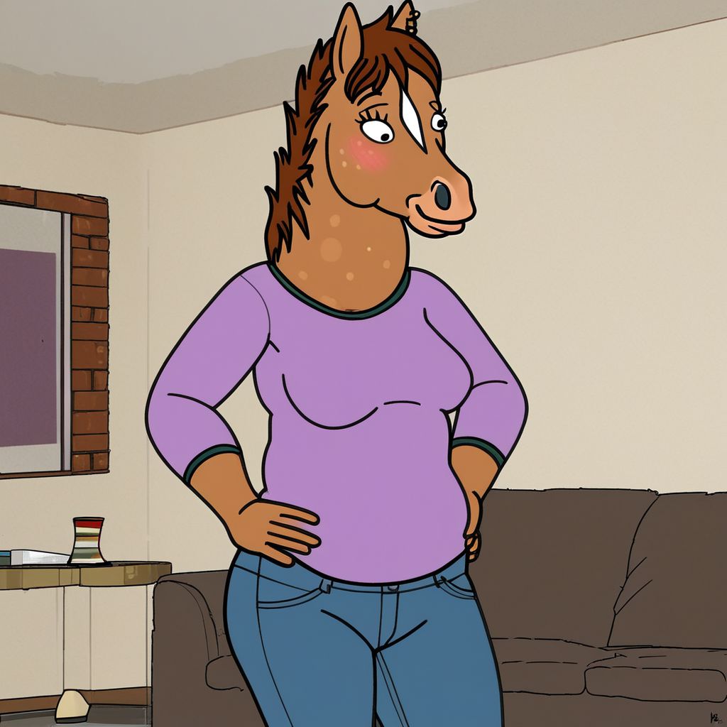 score-up, score-9, score-8up score-7up, high quality, 8k, detailed, living room, couch, Hollyhock, Anthro, horse, fully clothed, blush, breasts, jeans, shirt, jewelry, standing, hand on hip, belly, smile, solo, 1girl, messy hair, black eye pupils,