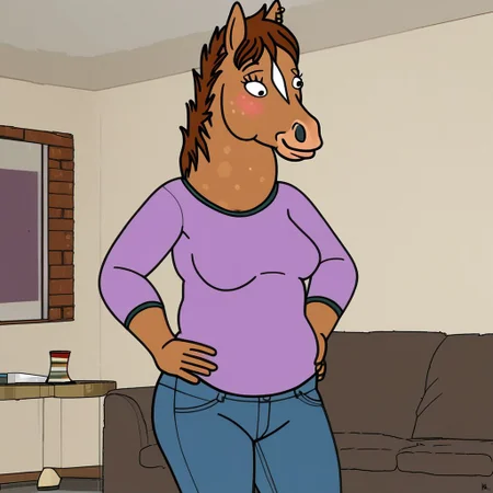 score-up, score-9, score-8up score-7up, high quality, 8k, detailed, living room, couch, Hollyhock, Anthro, horse, fully clothed, blush, breasts, jeans, shirt, jewelry, standing, hand on hip, belly, smile, solo, 1girl, messy hair, black eye pupils,