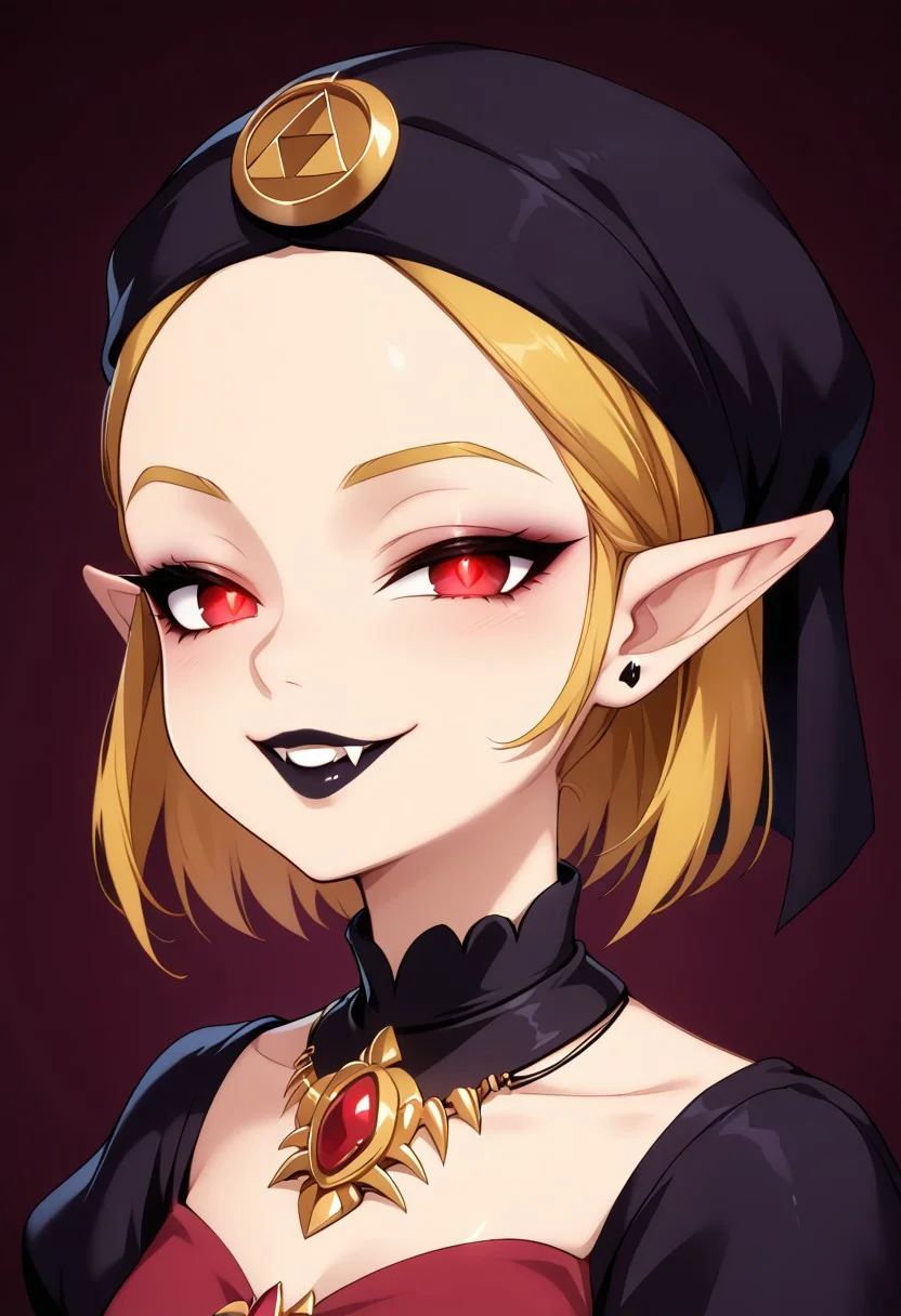 score_9, score_8_up, score_7_up, score_6_up, (haaru),concept art, digital artwork, highly detailed, sharp focus, portrait, ootyoungzelda, Princess Zelda, short hair, blonde hair, hat, <lora:princess_xl_v2:0.3>, <lora:VampirePonyLora:0.9> vampire, red eyes, glowing eyes, fangs, <lora:Gothic:1>, GothicC, makeup, black lipstick, mascara, black nails, gothic dress, black dress, red dress, covered shoulders, fishnet, half closed eyes, smug, evil smile, dark background