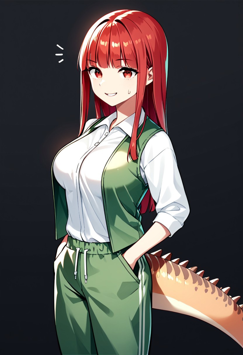 score_9, score_8_up, score_7_up, score_6_up, score_5_up, score_4_up, 30-year-old woman, Tosako Sameo, long hair, red hair, dinosaur tail, large breasts (Red eyes: 1.2)
Green sweatpants, green vest, white polo shirt,
Standing, smile, frowning,