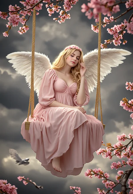 digital painting featuring an angelic figure with fair skin and long, wavy blonde hair adorned with delicate pink flowers. She is seated on a swing made of pink fabric, which hangs from two golden ropes. The swing is suspended in a fantastical, ethereal setting with a background of swirling, dark gray clouds. The angel has large, white wings that are slightly spread, adding to her celestial appearance.,
The angel is dressed in a flowing, pale pink dress with a sweetheart neckline and puffy sleeves, which is layered and ruffled, giving it a soft, dreamy texture. She is sitting with her legs crossed, her hands resting gently on her lap, exuding a serene and contemplative expression. Her eyes are closed, as if lost in thought.,
Surrounding the angel, there are cherry blossom branches with delicate pink flowers, adding a touch of natural beauty to the otherwise otherworldly scene. The sky above is illuminated by a soft, warm light, casting a gentle glow on the angel and the surrounding elements. The overall mood of the painting is one of tranquility and ethereal beauty, blending elements of fantasy and nature., <lora:aidmaImageUpraderv0.3:0.4>, aidmaimageupgrader, <lora:diffusion_pytorch_model:1>, <lora:aidmaMJ6.1_v0.5_3:0.7>, aidmaMJ6.1, ultra quality, ultra detailed, intricate details