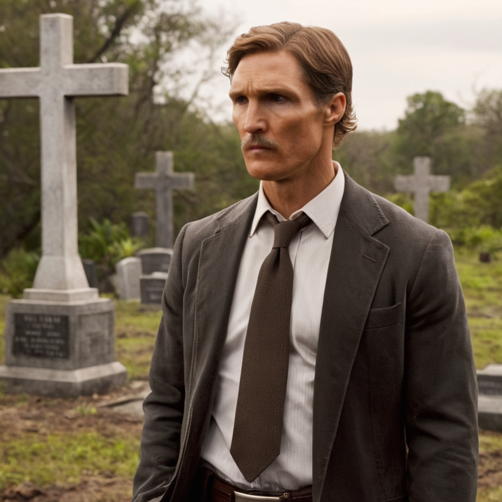 concept art of cinematic film still of  <lora:add-detail-xl:1>0
<lora:detailed:0.3>
<lora:perfection style:0.3>
<lora:xl_more_art-full_v1:0.3>
 <lora:true detective style:1>
Rust Cohle a man in a suit and tie standing in front of a cross,solo,brown hair,shirt,1boy,jacket,white shirt,male focus,necktie,belt,pants,facial hair,formal,suit,cross,plant,brown pants,tombstone,graveyard , sharp, detailed, epic photography, artistic, dramatic light, cinematic style, film style, 
true detective style, digital artwork, illustrative, painterly, matte painting, highly detailed
