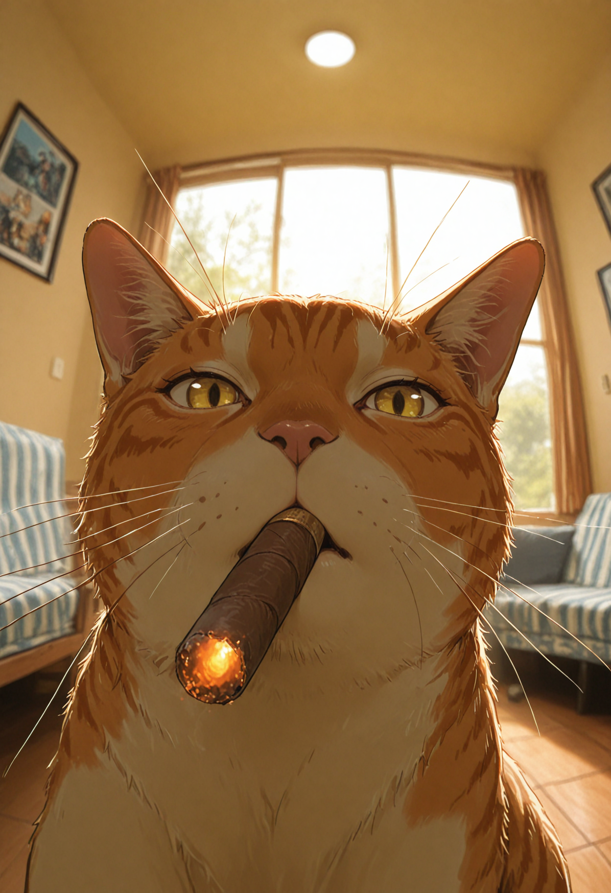 domestic cat, orange tabby cat, fat cat, striped car, whiskers, yellow eyes, detailed eyes, cigar in mouth, smoking, living room, depth of field, blurred background, blurry background, window, sidelighting, golden hour, afternoon, looking at viewer, panorama, (fisheye lens),                   
masterpiece,best quality,amazing quality,very aesthetic,absurdres,newest, anime coloring,