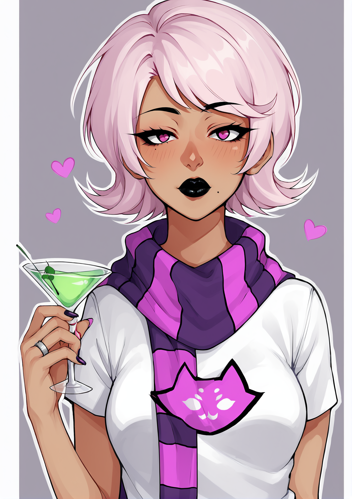 score_9, score_8_up, score_7_up, score_6_up, score_5_up, score_4_up, 2d, anime, anime artstyle, simple shadows, flat coloring, flat shadows, thick lines, white outline, <lora:Roxy_Lalonde_-_Homestuck__Variant_canon_outfits__SDXL_Pony:1> roxlal, roxstart, 1girl, solo, breasts, looking at viewer, short hair, bangs, simple background, shirt, holding, jewelry, white shirt, upper body, pink hair, white hair, short sleeves, heart, shiny, artist name, hand up, pink eyes, grey background, scarf, nail polish, mole, dark-skinned female, cup, makeup, ring, holding cup, drinking glass, purple lips, pink scarf, black lips, cocktail glass BREAK source_anime