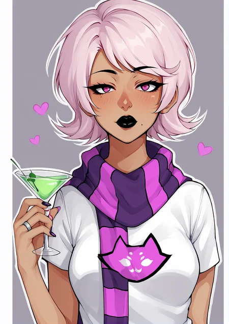 score_9, score_8_up, score_7_up, score_6_up, score_5_up, score_4_up, 2d, anime, anime artstyle, simple shadows, flat coloring, flat shadows, thick lines, white outline, <lora:Roxy_Lalonde_-_Homestuck__Variant_canon_outfits__SDXL_Pony:1> roxlal, roxstart, 1girl, solo, breasts, looking at viewer, short hair, bangs, simple background, shirt, holding, jewelry, white shirt, upper body, pink hair, white hair, short sleeves, heart, shiny, artist name, hand up, pink eyes, grey background, scarf, nail polish, mole, dark-skinned female, cup, makeup, ring, holding cup, drinking glass, purple lips, pink scarf, black lips, cocktail glass BREAK source_anime