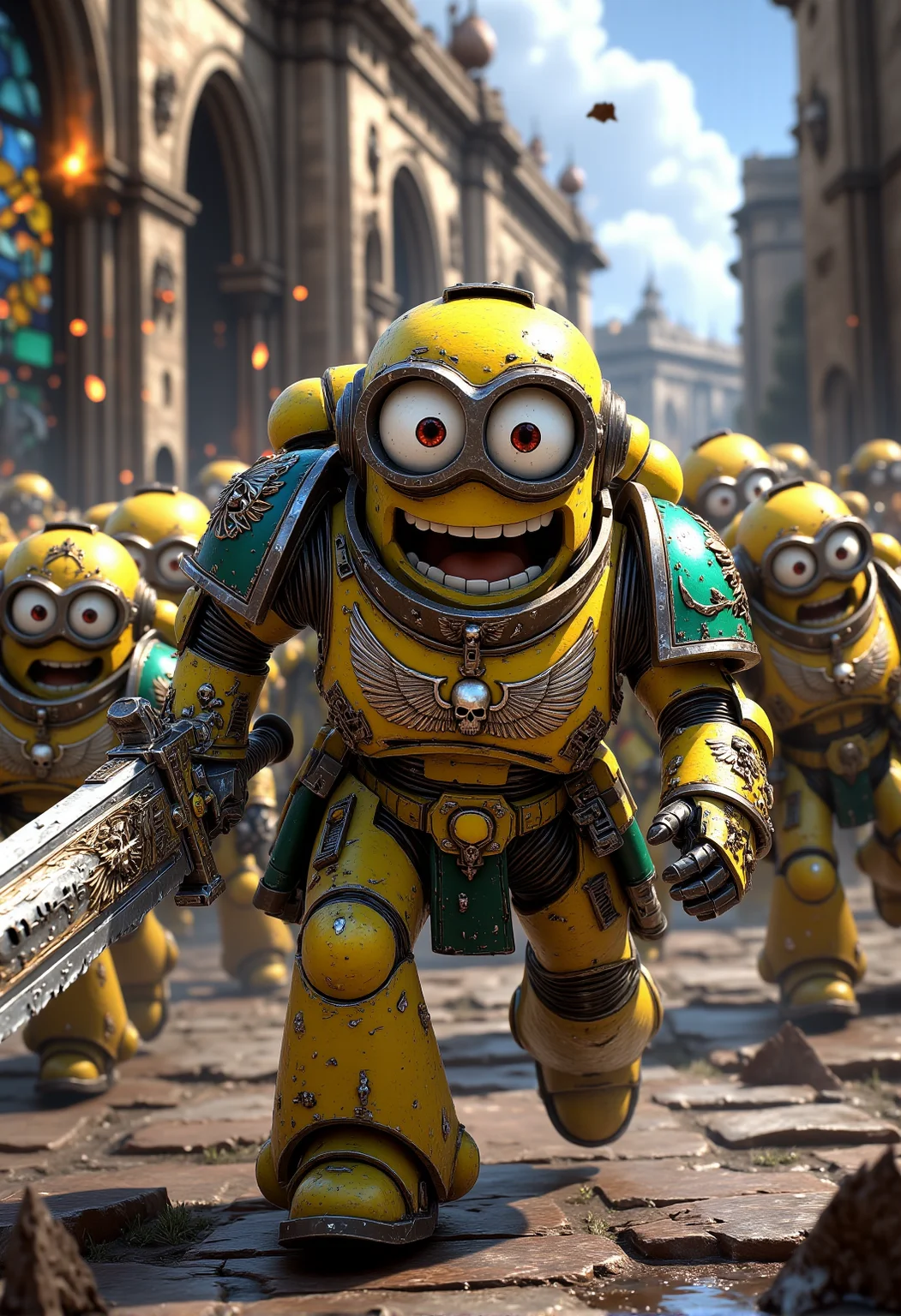 space marine. A Minion with oversized goggles dressed in ceremonial armor with a polished shine, covered in intricate Minion symbols and cartoonish purity seals. The Minion is without a helmet (no helmet:2.0), showcasing their iconic Minion goggles, expressive eyes, and wide smile. The Minion is wielding a power sword with a glowing edge, banana-themed pommel and glowing runes. The Minion is depicted in a scene such as: charging across a battlefield, goggles gleaming in the sun, with other Minions charging alongside in various formations. The Minion's expression is shouting fiercely with eyes wide, adding to the comical feel. The scene should be depicted in a colorful but gritty Warhammer 40k style, with bright yellows and blues to emphasize the Minionsâ classic color scheme. The armor and weapons are detailed with ornate designs, but humor is maintained through Minion-themed accessories and comical touches. Witty details include: a Minion Chaplain wearing a robe, with a giant yellow smiley face badge pinned to it. Background elements should resemble classic Warhammer 40k settings but with a humorous Minion twist, such as: an Imperial shrine with Minion-themed stained glass depicting bananas, gears, and goggles. , <lora:sm2.safetensors:1.0:1.0>