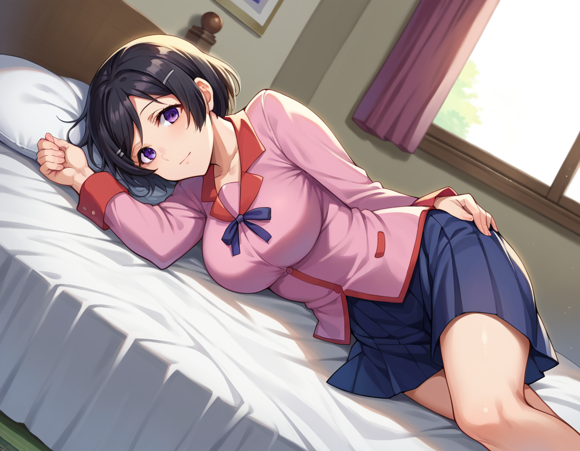 score_9, score_8_up, score_7_up, source_anime,
tsubasahanekawa, <lora:tsubasa-hanekawa-ponyxl-lora-nochekaiser:1>,
hanekawa tsubasa, short hair, black hair, hair ornament, purple eyes, hairclip, mature female,
skirt, school uniform, naoetsu high school uniform,
indoors, bed, bed room, on side,
looking at viewer, cowboy shot, dutch angle,