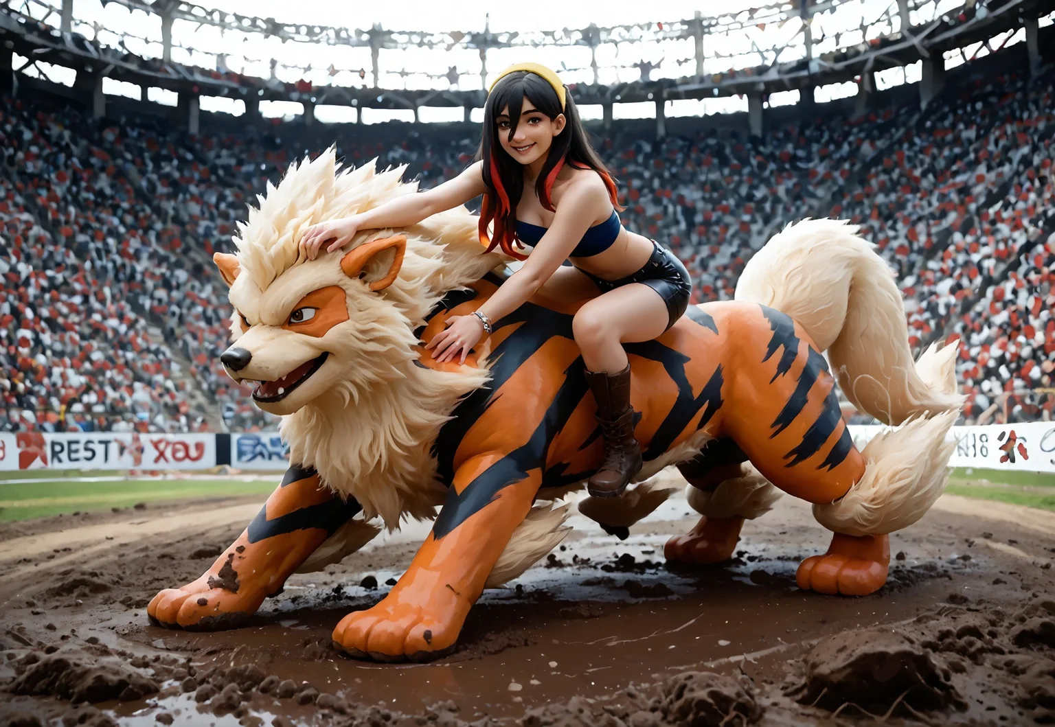 safe_pos, safe_pos, Carmine is wearing leather shorts and boots while riding on a huge Arcanine.
score_9, score_8_up, score_7_up, source_anime, BREAK masterpiece, <lora:pokemon-carmine-ponyxl-lora-nochekaiser:1> pokemoncarmine, black hair, colored inner hair, crossed bangs, hair between eyes, hairband, long hair, mole, mole under eye, multicolored hair, red hair, sidelocks, two-tone hair, yellow eyes, yellow hairband, bare shoulders, blue bandeau, leather shorts, full body, boots, outdoors, mud, rodeo, arena, looking at viewer, 1girl, best quality, seductive, sultry, mouth closed, lips, smile, horny, bracelet, riding, riding animal, riding arcanine, petting, animal, side_view, BREAK score_9, score_8_up, score_7_up, score_6_up, source_furry, dof, full body, solo, <lora:POKEMON_ARCANINE:1> arcanine, huge arcanine, pokemon (creature), feral, side_view, pooping, action shot,