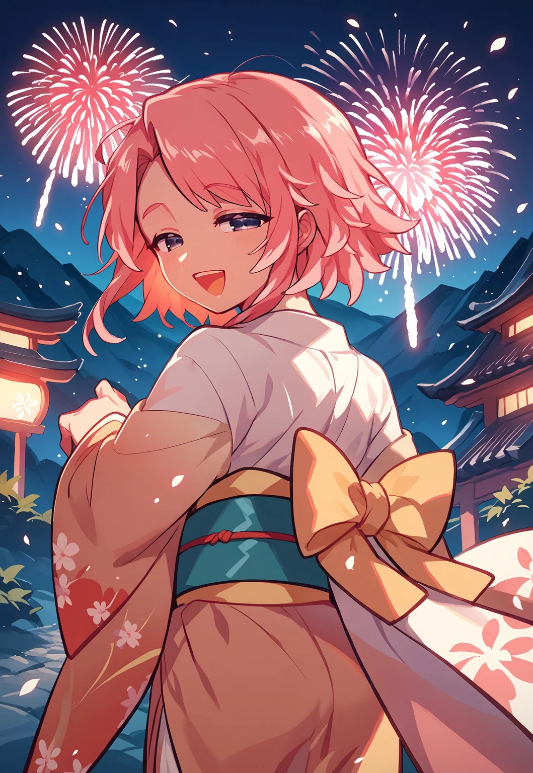 score_9, score_8_up, score_7_up, source_anime, (Omoyu Style), looking at viewer, 1girl, kimono, looking back, fireworks, night, mountains, sakura trees, blossom, particles, smile, open mouth, half closed eyes