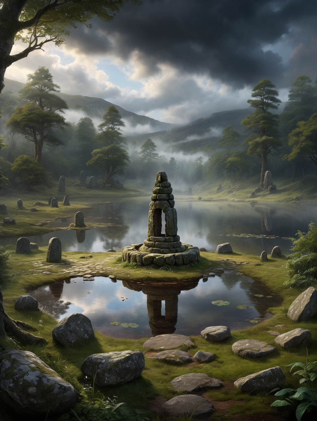 oil painting, A mystical Druid site in a secret forest, dramatic clouds, dark clouds, (misty:1.5), fog rolling in, creepy atmosphere, dramatic light, (darkness:2.5), 34K uhd, masterpiece, high detail, 8k, intricate, detailed, high resolution, high res, high quality, <lora:add-detail-xl:1.8>, highly detailed, Extremely high-resolution details, fine texture,