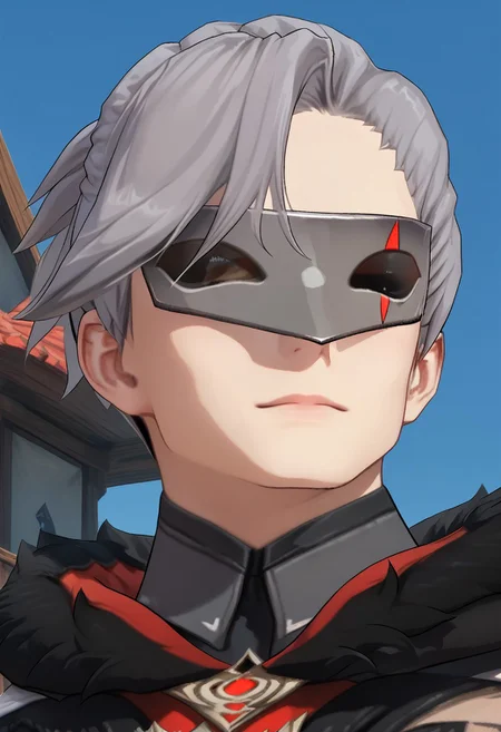 score_9, score_8_up, score_7_up, source_anime, rating_safe, male focus, MikhailGI, grey-black-red_Mikhail_mask, grey_Mikhail_male short ponytail, 1boy,