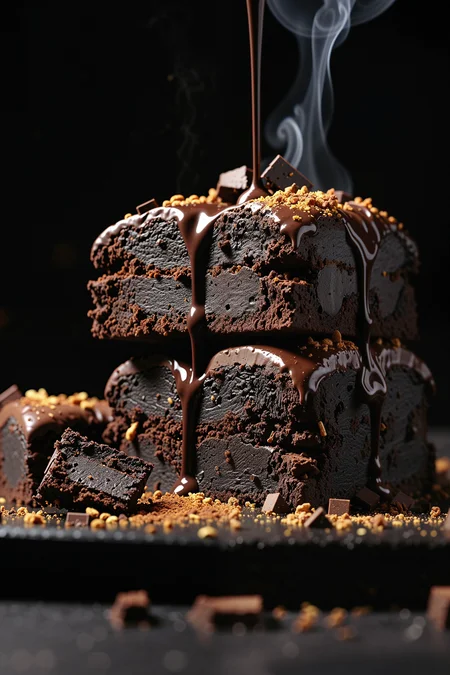 Molten dark chocolate slowly poured over stacked brownies, warm tones, shallow depth of field. Crumbs scattered on matte black plate, steam rising subtly in the background. High-end close-up food shot, cinematic 4K resolution, creamy bokeh